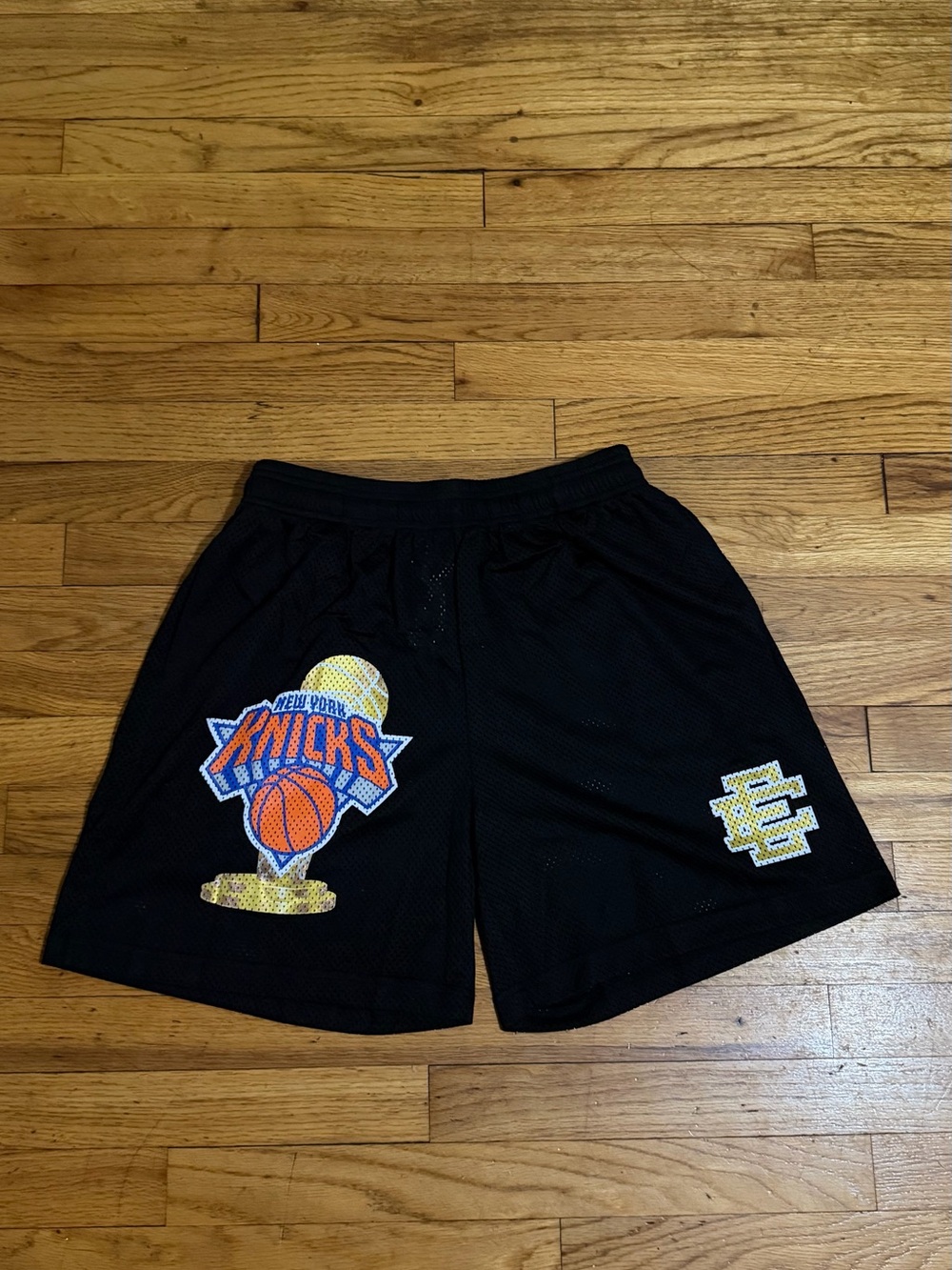 Eric Emanuel Black Knicks Mesh Basketball Shorts with Colorful Logo